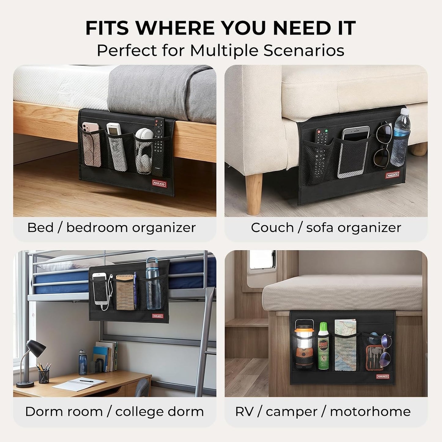 HAKACC Bedside Caddy, Remote Holder for Bed, Storage Organizer, Black | Pockets for Bed, Sofa, Phones, Magazines, Tablets and Accessories