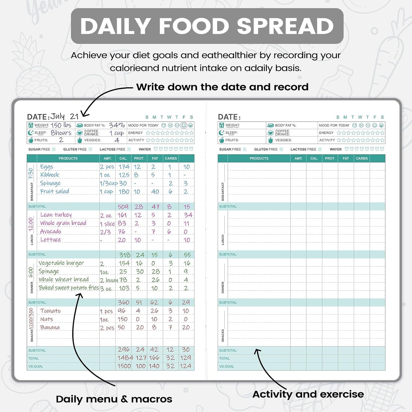Food Journal - Journal for Women Weight Loss, 5.8" x 8.3", 6 Months Meal Planner to Count Calories Health Journals for Women/Men, Keep Healthy Diet & Achieve Fitness Goals - Rose Gold