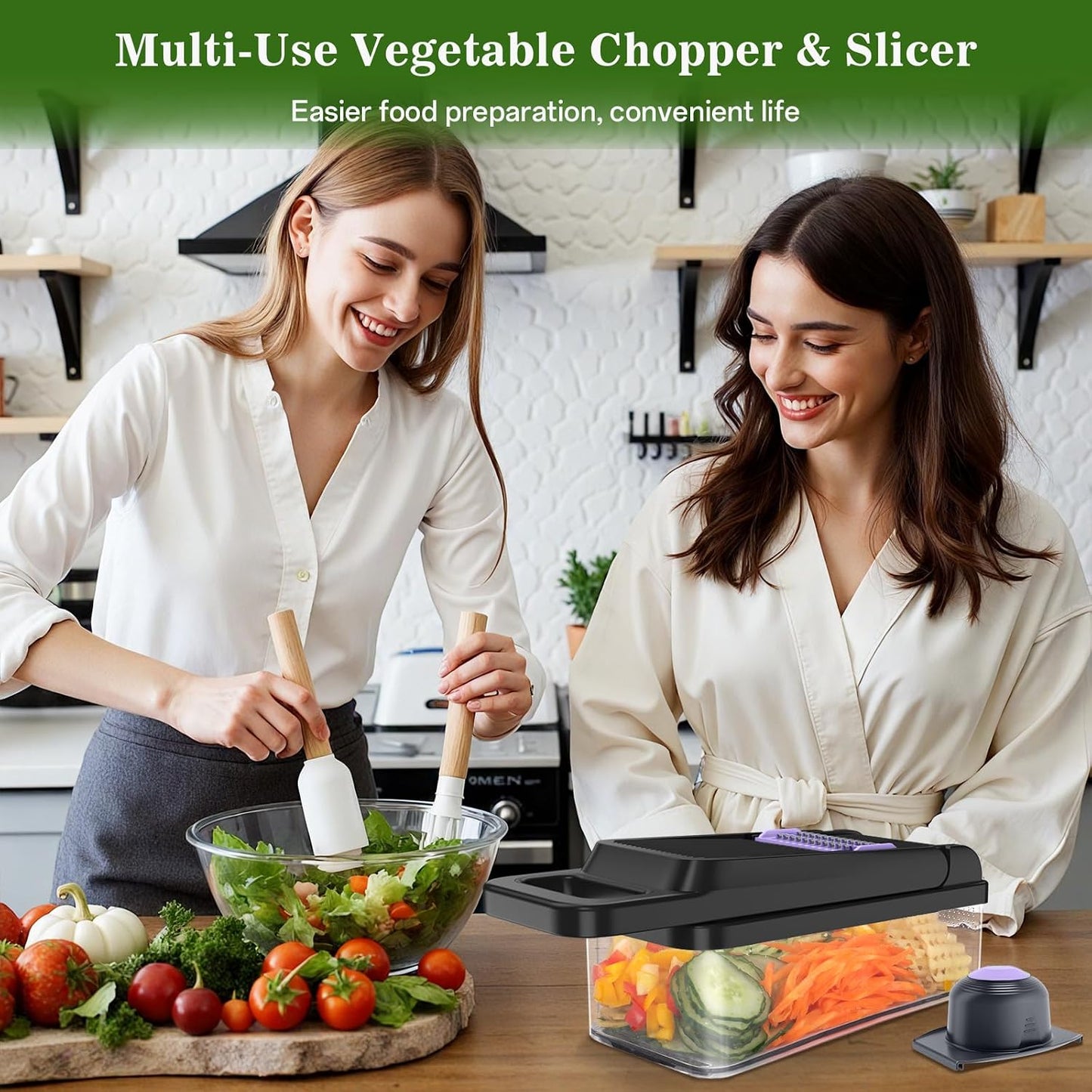 HomeHacks Vegetable Chopper Vegetable Cutter, 12 in 1 Kitchen Gadget, Dicer, Slicer, Onion Cutter, Salad, Cheese Grater & Egg Separator - Multi-Functional Veggie Chopper Lid with Handle (Green)