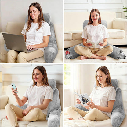 OAISZ Reading Pillow for Sitting in Bed with Shredded Memory Foam, Grey | 19-Inch Back Pillow for Sitting Up in Bed, Extended Arms, Side Pockets, Supportive Adjustable Pillow Removable Washable Cover