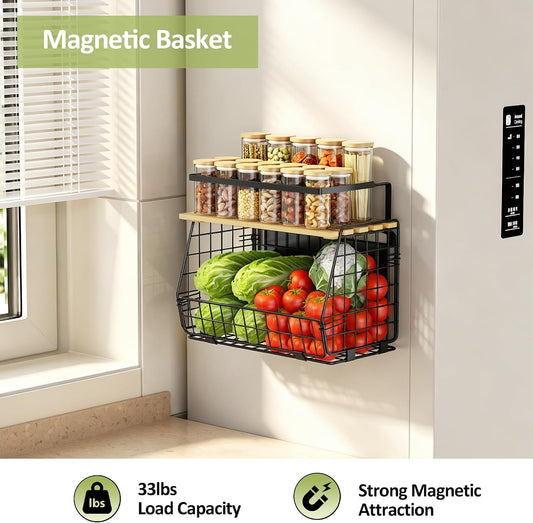 2 Pack Magnetic Shelf for Fridge, Fruit Potato Onion Storage Bins | Magnetic Basket with Lid, Side of Fridge Storage, Produce Basket for Fruits Vegetables Spices, Kitchen Pantry Organizer