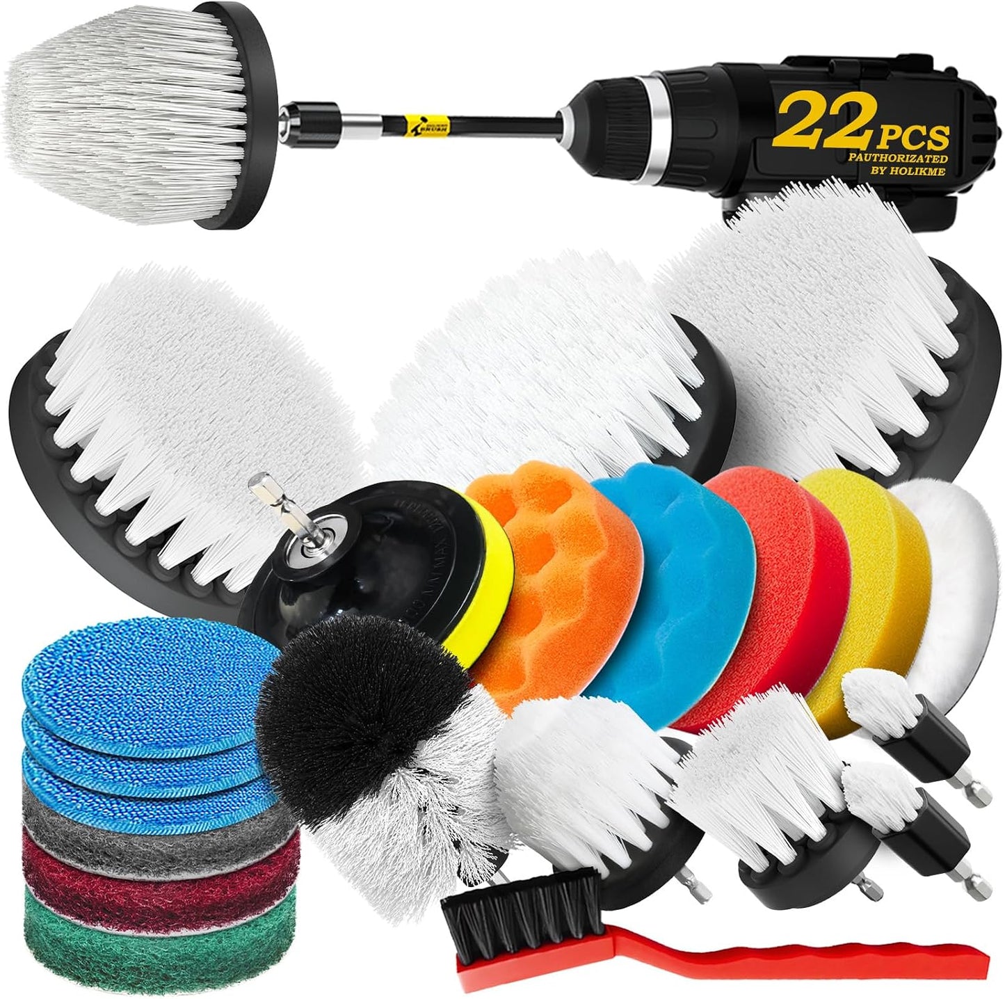Holikme 22Pack Drill Brush Attachments Set,Scrub Pads & Sponge, Buffing Pads,Power Scrubber Brush,Car Polishing Pad Kit,Wax Applicator Pad,Car Cleaning Kit,Masonry Brushes,Cleaning Supplies | Buffing Sponges, Nylon Grout Tools, Microfiber Wax Pads, Tile