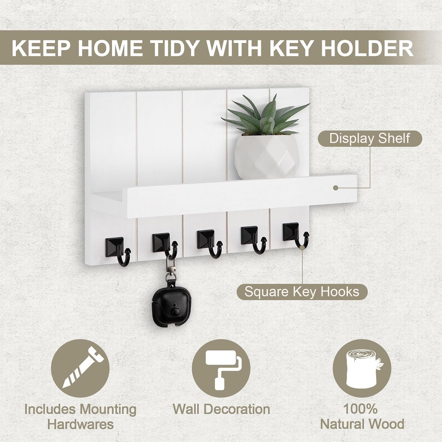 Key Holder for Wall, Decorative Key Holder with Shelf | Key and Mail Holder Wall Mount, Farmhouse Decor with 5 Key Hooks for Keys, Coats, ect.