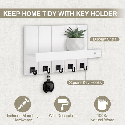 Key Holder for Wall, Decorative Key Holder with Shelf | Key and Mail Holder Wall Mount, Farmhouse Decor with 5 Key Hooks for Keys, Coats, ect.