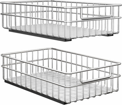Pull out Cabinet Organizer, Stainless Steel 2-Pack Slide out Drawer with Silent Full-Extension Slides, Adhesive Roll out Can Spice Storage Basket Shelf Rack for Pantry, Kitchen, Bathroom, Home Closet