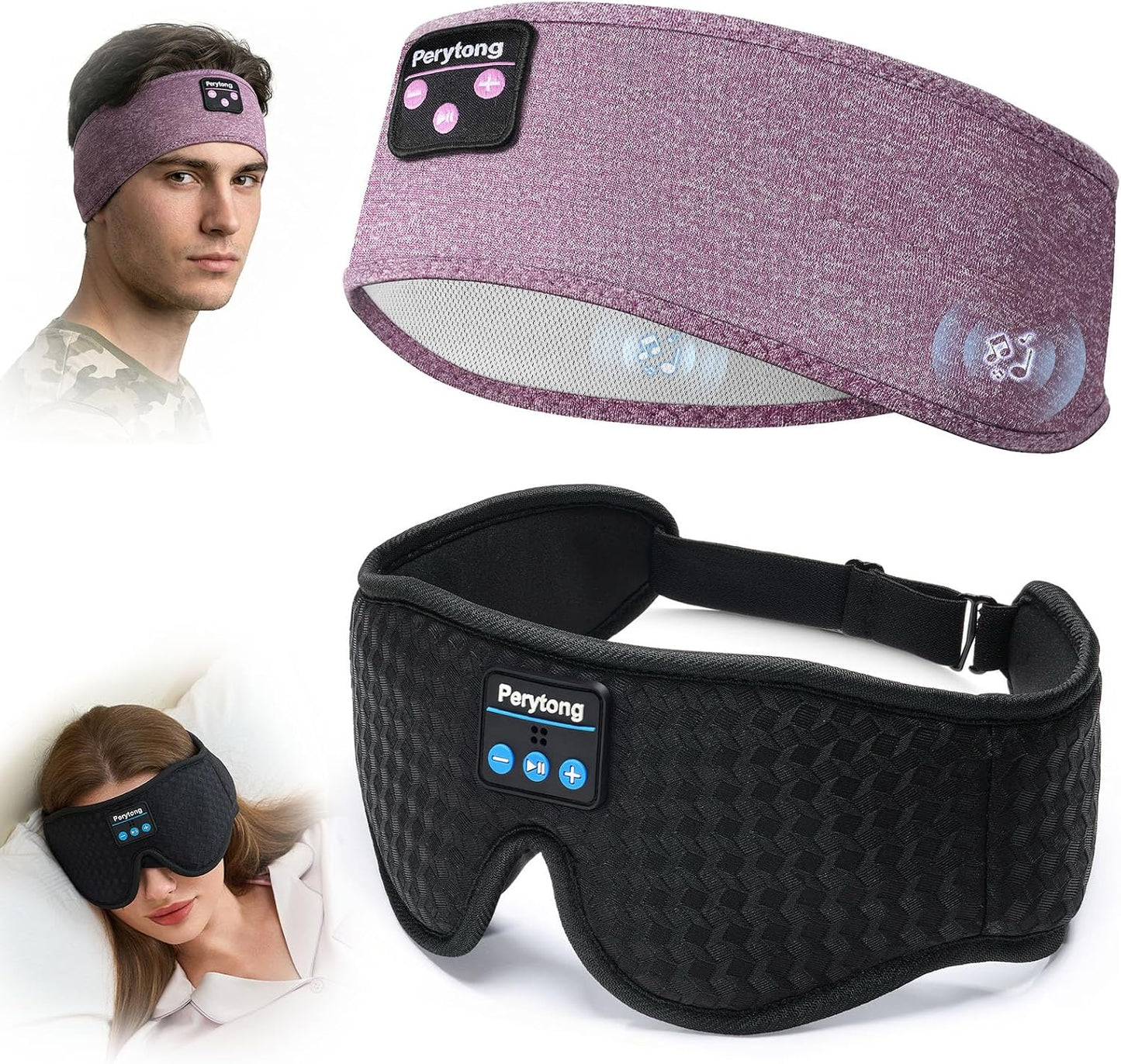 2-Pack Sleep Headphones & 3D Sleep Mask Set, Sleep Headband Headphone & Wireless Eye Mask with Ultra-Thin Speakers for Side Sleepers, Idea for Running, Workout, Insomniac, Travel, Meditation