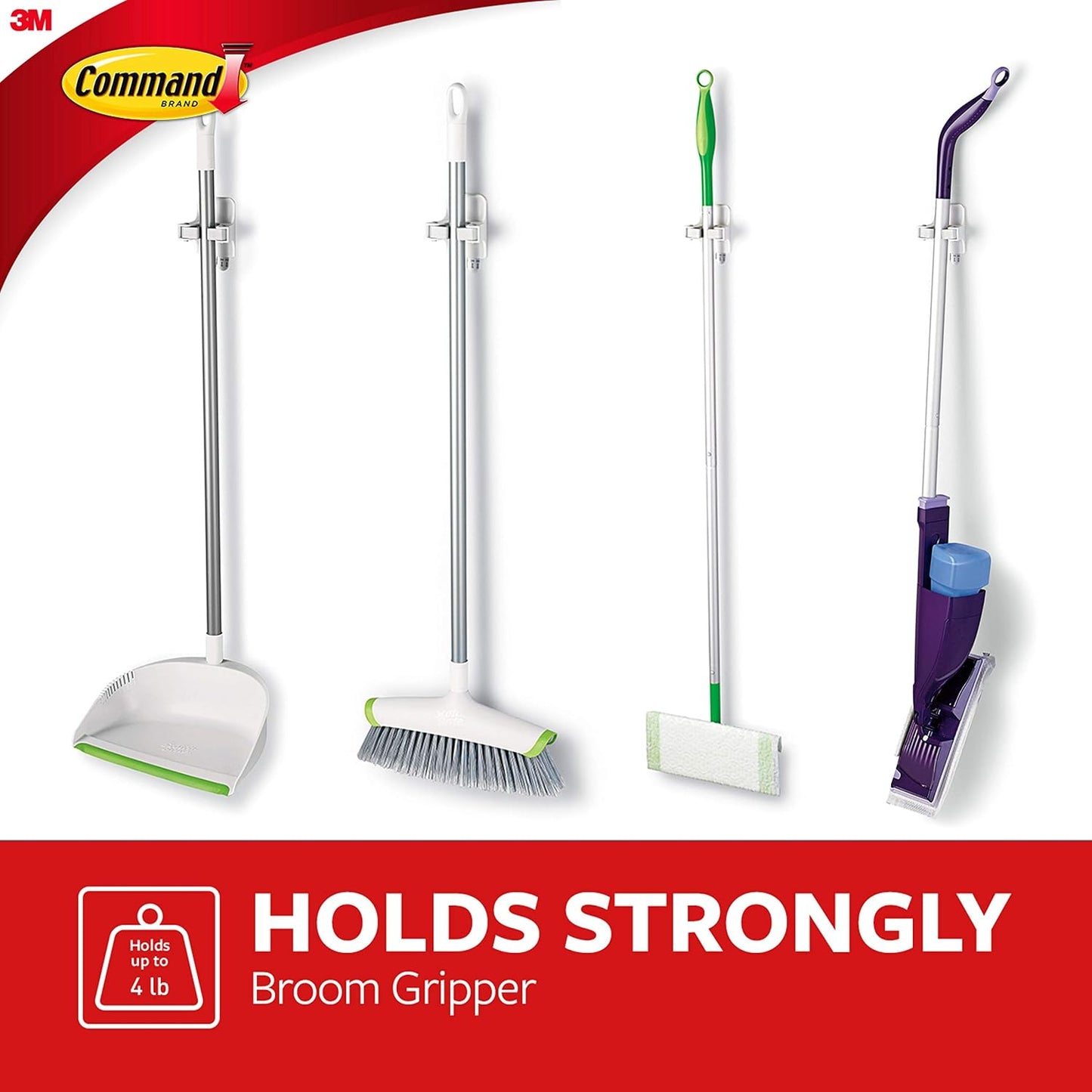 Command Large White Broom Grippers, 2 Broom Grippers, 4 Strips | Damage-Free Hanging Wall Mount Broom and Mop Holder, No Tools Holiday Cleaning Organizer, Holds up to 4 lb