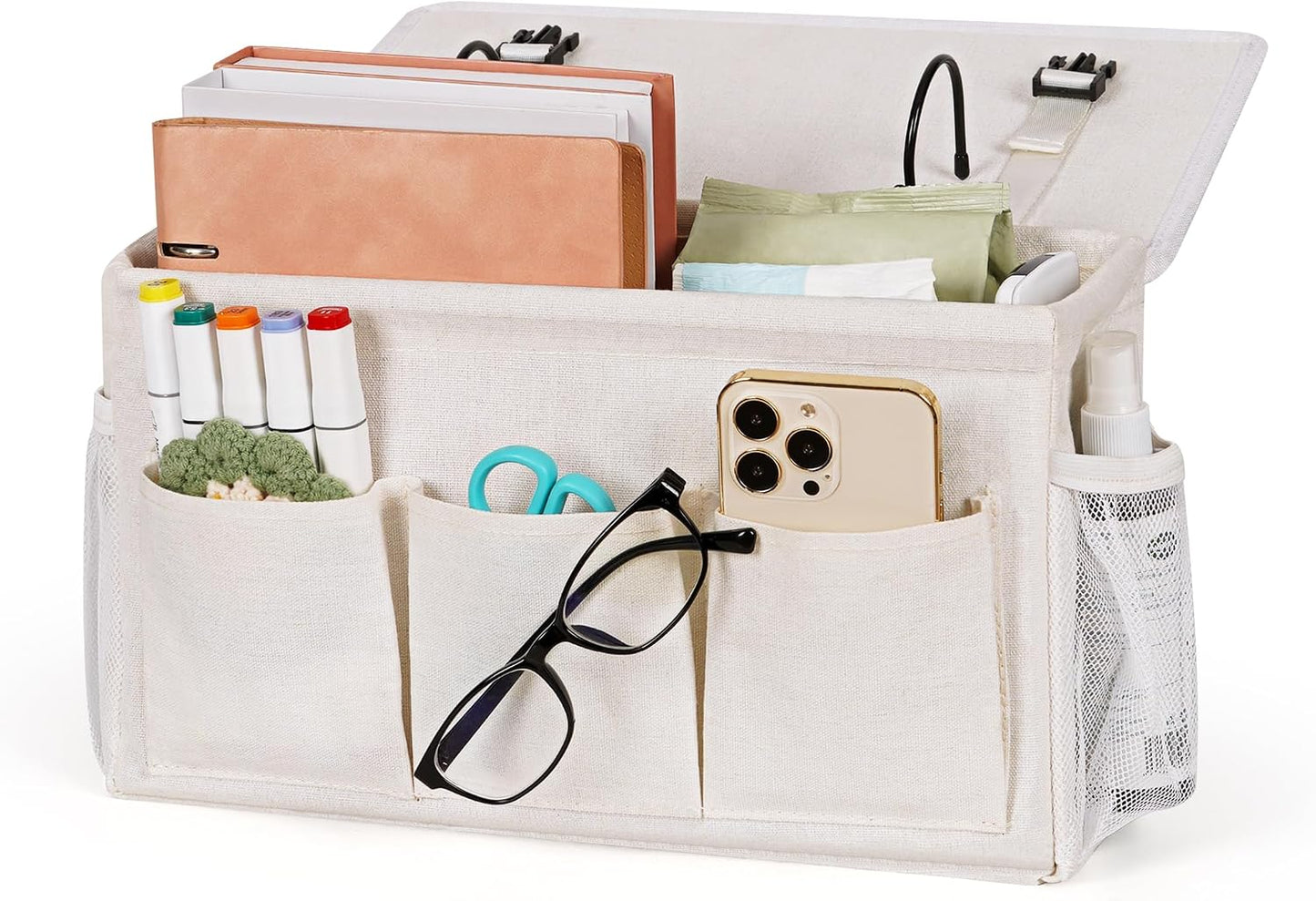 Bedside Caddy, Bedside Storage Bag Hanging Organizer for Bunk Dorm Bed Rail | Bed Caddy with Hooks, Top Bunks and Dorm Essentials for Water, Tissues, Tablets, Books, Phones, Remotes and Other Necessories