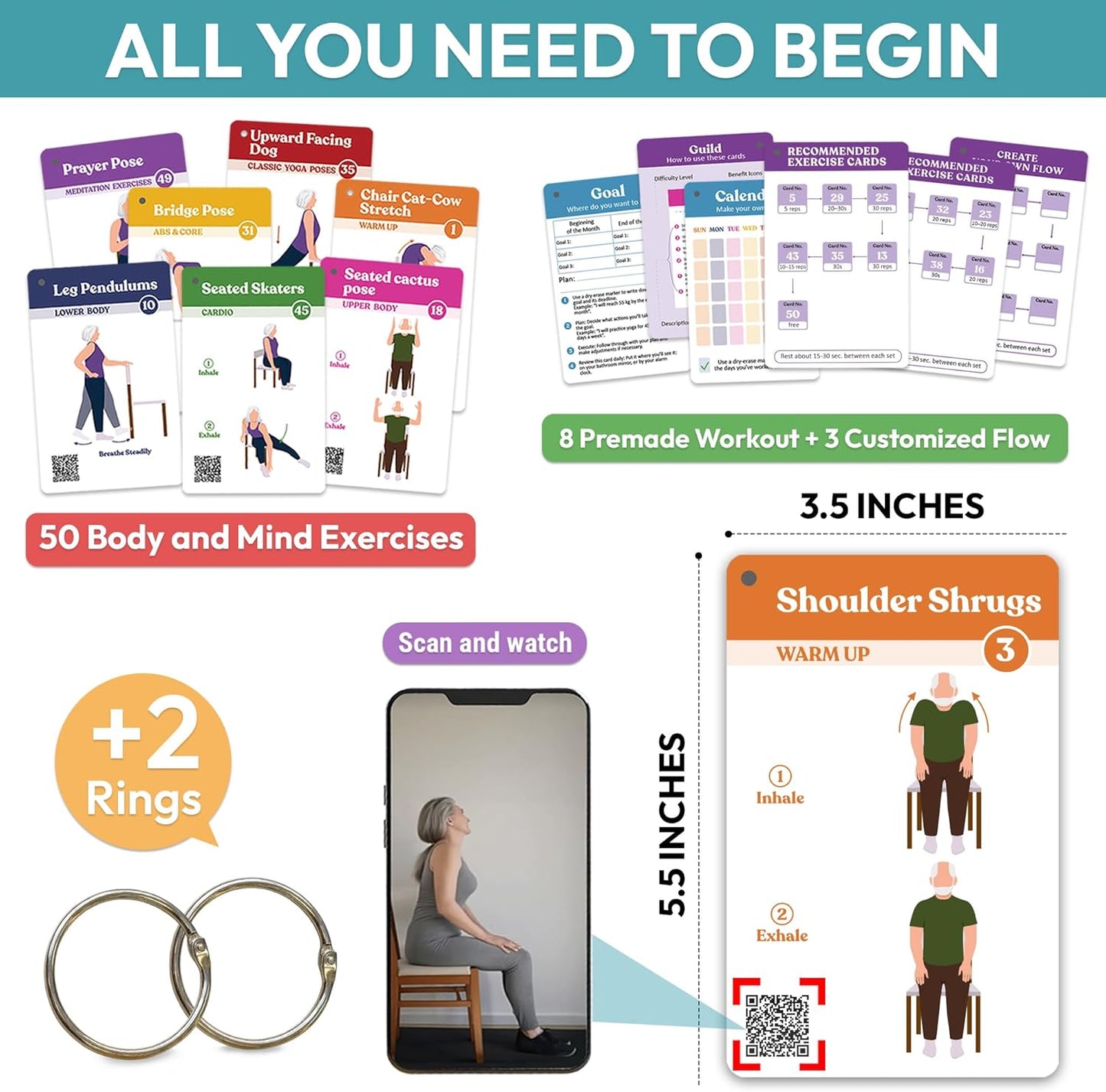POCAZONE Chair Yoga Flash Cards for Seniors Over 60, Exercises Video Guide | Thoughtful Valentine Gifts for Mom, Dad, Grandparent, Safe & Easy Chair Yoga Exercise Cards for Strength, Relaxation