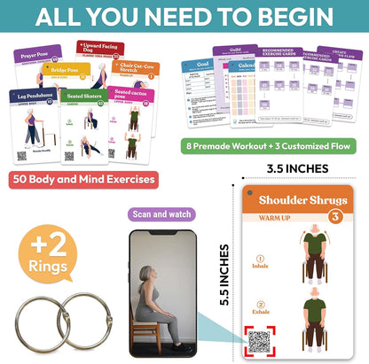 POCAZONE Chair Yoga Flash Cards for Seniors Over 60, Exercises Video Guide | Thoughtful Valentine Gifts for Mom, Dad, Grandparent, Safe & Easy Chair Yoga Exercise Cards for Strength, Relaxation