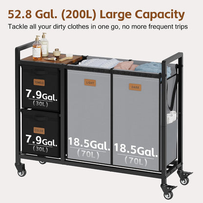Hoctieon 4 Section Laundry Cart, 52.8 Gal. (200L) Laundry Hamper with Lid, Laundry Basket with Wheels, Rolling Laundry Sorter Organizer with Shelf, Clothes Separator with Removable Bags, Black