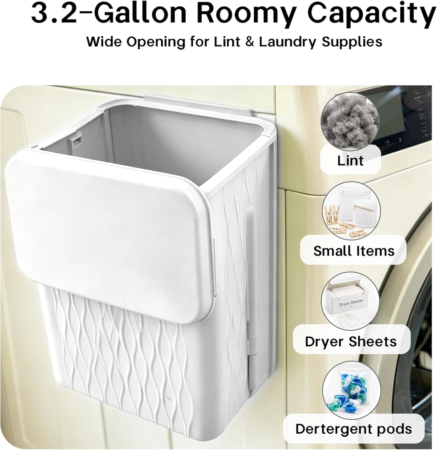 Magnetic Lint Bin for Laundry Room, 3.2 Gallon Extra Large Foldable Lint Trash Can with Lid and Dryer Lint Brush, Wall Mounted Lint Holder for Dryer Sheets, Laundry Organization, White