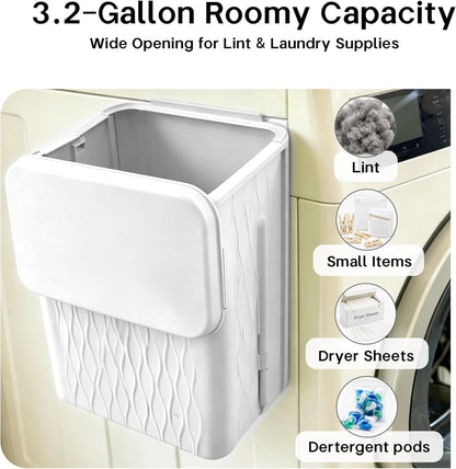 Magnetic Lint Bin for Laundry Room, 3.2 Gallon Extra Large Foldable Lint Trash Can with Lid and Dryer Lint Brush, Wall Mounted Lint Holder for Dryer Sheets, Laundry Organization, White