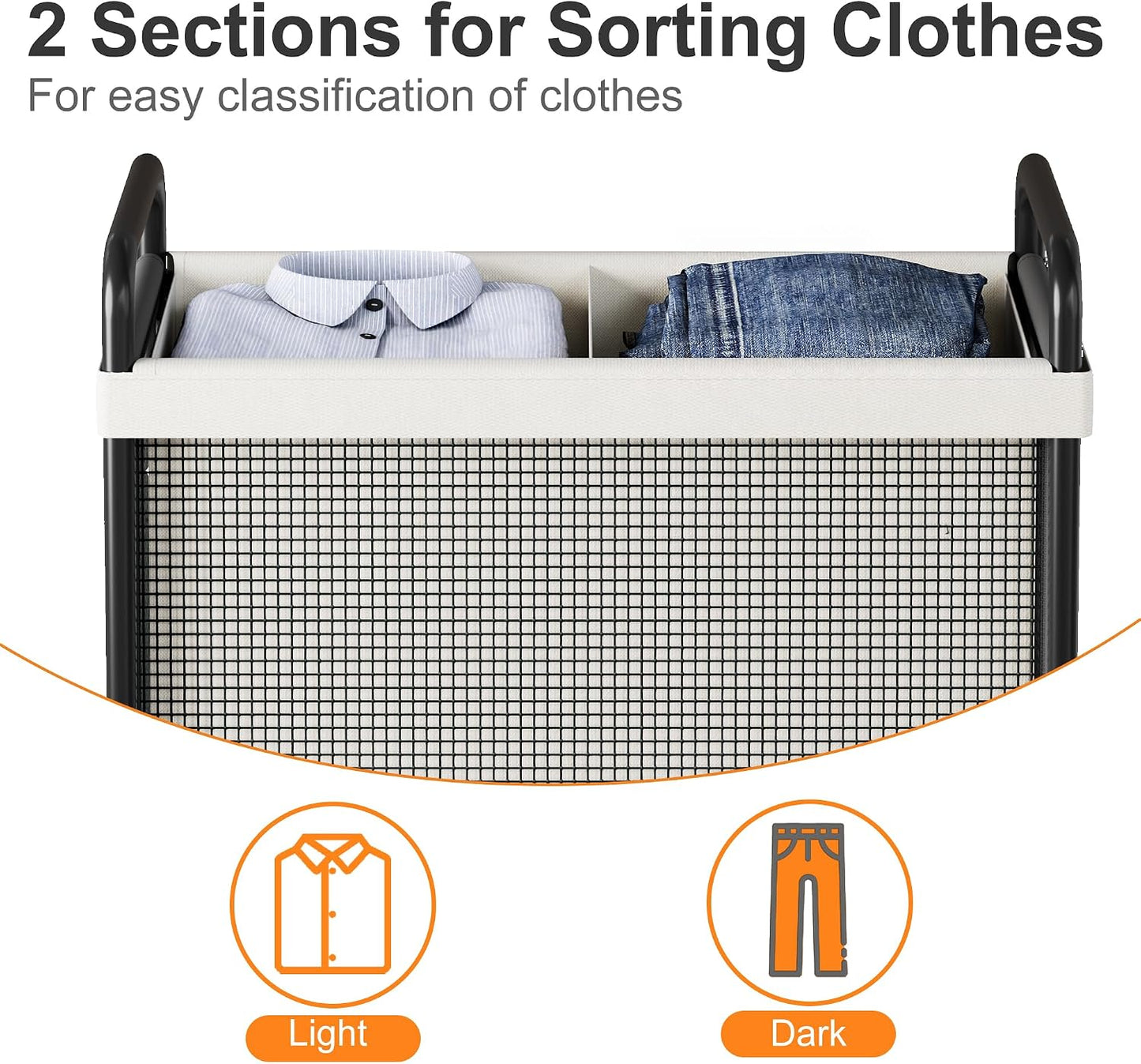 WOWLIVE Rolling Laundry Hamper 2 Section, 100L Laundry Basket with Wheels | Double Laundry Sorter with Metal Handle and Removable Bag, Large Clothes Hamper for Laundry Room, Bathroom and Dorm, Beige