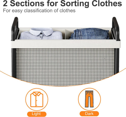 WOWLIVE Rolling Laundry Hamper 2 Section, 100L Laundry Basket with Wheels | Double Laundry Sorter with Metal Handle and Removable Bag, Large Clothes Hamper for Laundry Room, Bathroom and Dorm, Beige