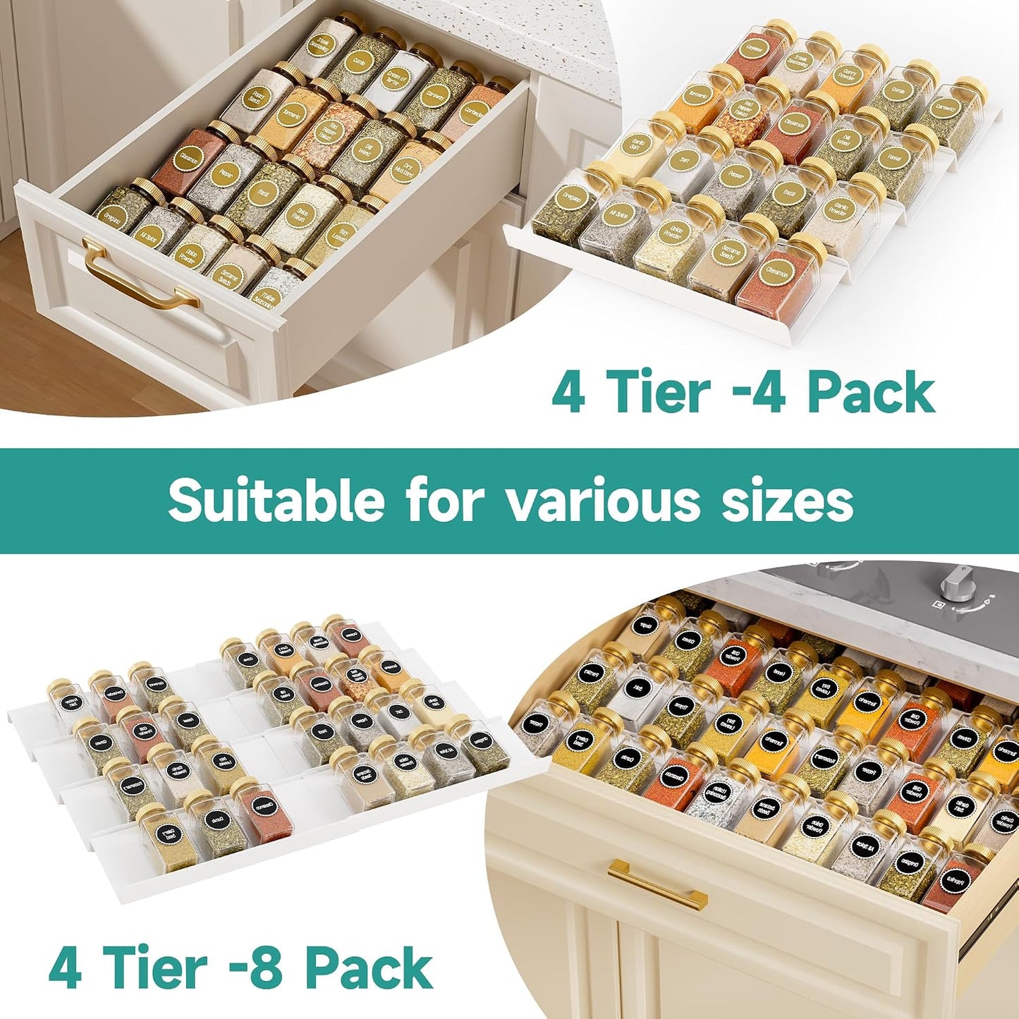 MIUKAA Clear Acrylic Spice Drawer Organizer, 4 Tier Seasoning Jars Drawers Insert, Kitchen Spice Rack Tray for Drawer/Countertop (Jars not included)