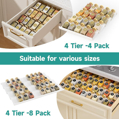 MIUKAA Clear Acrylic Spice Drawer Organizer, 4 Tier Seasoning Jars Drawers Insert, Kitchen Spice Rack Tray for Drawer/Countertop (Jars not included)