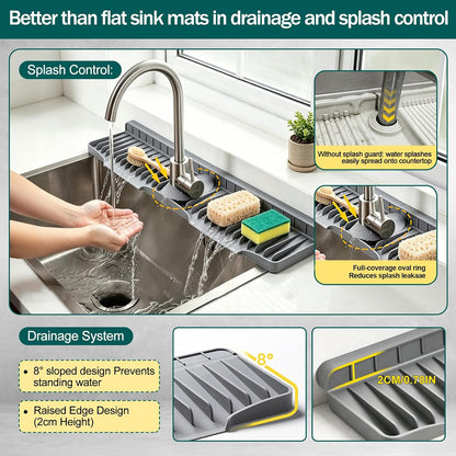 AZY 24 Inch Silicone Faucet Mat for Kitchen Sink Splash Guard | Self Draining Splash Guard Behind Faucet, Thickened Silicone Water Catcher with Foldable Barrier