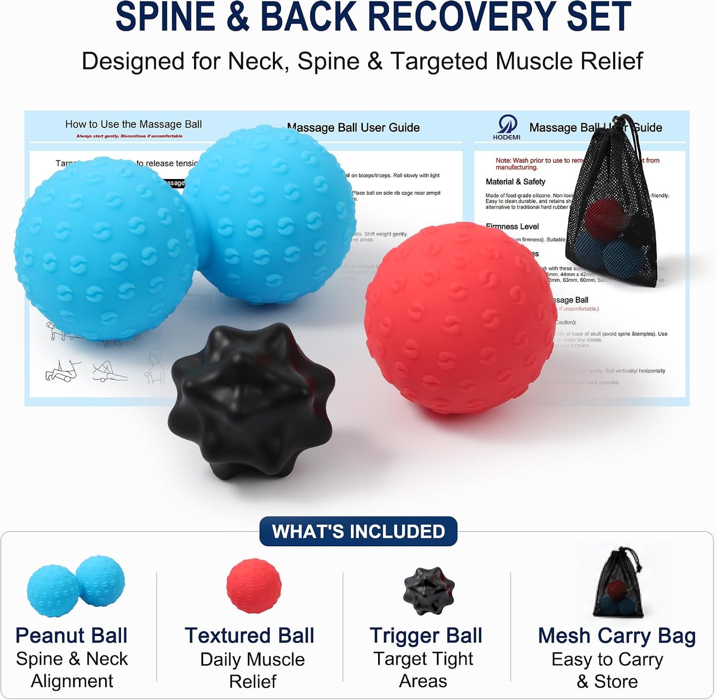 HODEMI Massage Ball Set, 3 Pack Spiky Ball, Lacrosse Ball & Peanut Massage Roller for Trigger Point Therapy, Deep Tissue Muscle Relaxation for Back, Neck, Hip, Leg & Foot with Mesh Bag