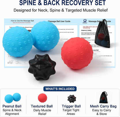 HODEMI Massage Ball Set, 3 Pack Spiky Ball, Lacrosse Ball & Peanut Massage Roller for Trigger Point Therapy, Deep Tissue Muscle Relaxation for Back, Neck, Hip, Leg & Foot with Mesh Bag