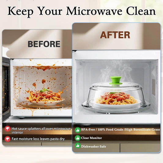Glass Microwave Splatter Cover for Food 10 inch, 4 Vents, Heat Resistant | Borosilicate Glass Splatter Guard with Silicone Handle Knob and Mat,BPA Free,Dishwasher Safe,Dish Cover,4 in 1,Green