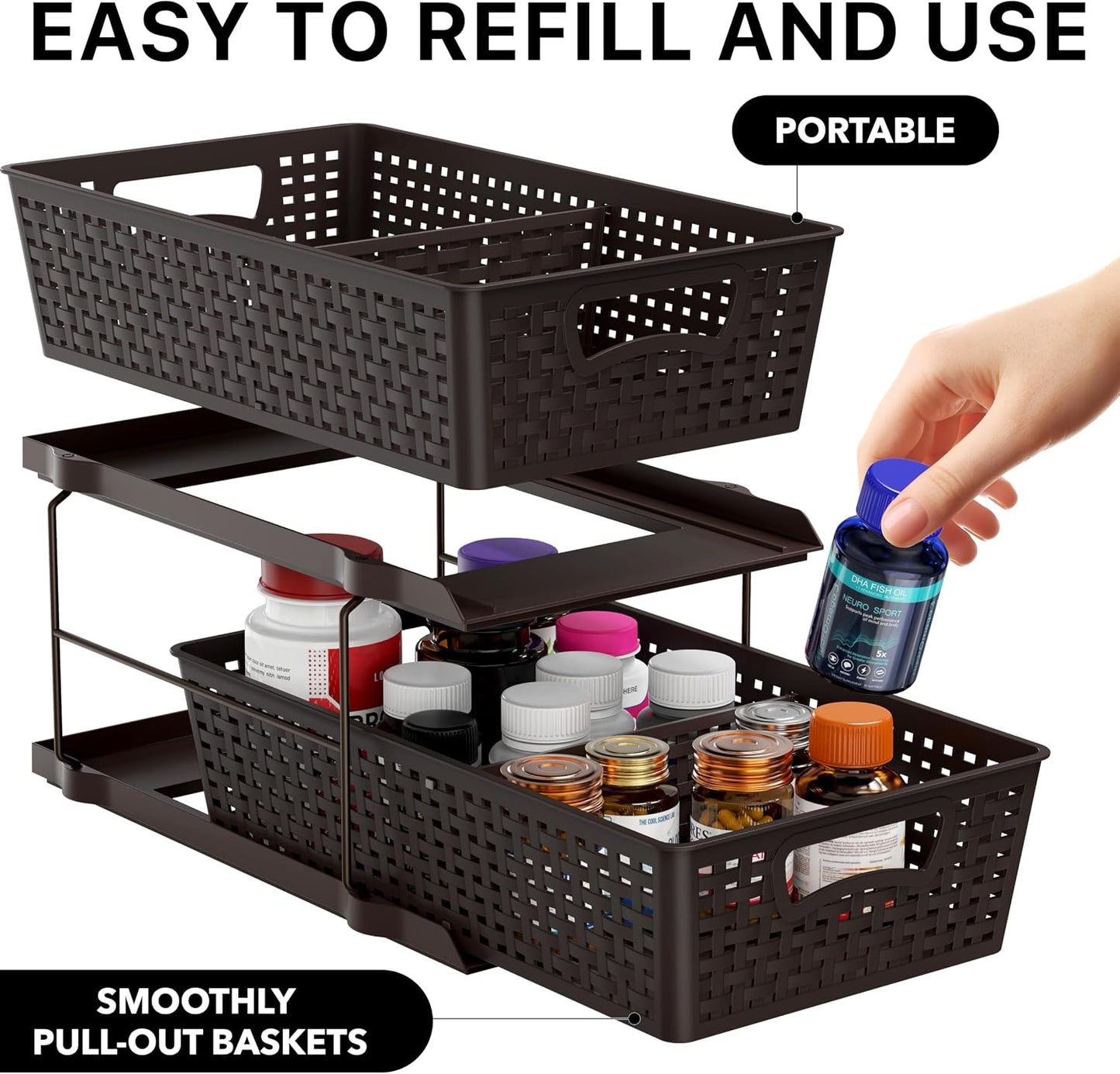Simple Houseware 2 Tier Pull-Out Sliding Drawer Under Sink Storage, White | Great for Kitchen Bathroom Tray Shelf Organizer
