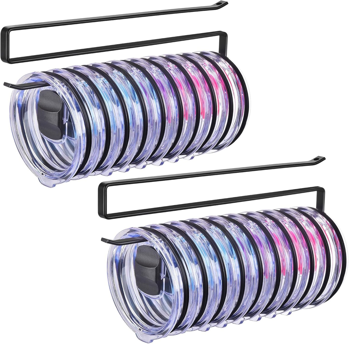 LWGFIO 2 Pack Tumbler Lid Organizer, Under Cabinet Cup Lid Holder, Black | Iron racks, 10.24-inch length, slide onto shelves, no drilling or adhesive, space-saving kitchen storage inside cabinets