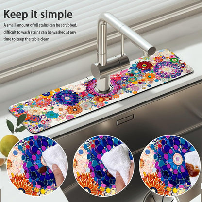 Bimkole 2 PCS Faucet Absorbent Mat, Kitchen Faucet Sink Splash Guard Wraparound Cloth Pads Drip Catcher for Sink Faucet for Kitchen Bathroom Faucet, Colorful Faucet Mat, 15 x 4 Inch Flower A6