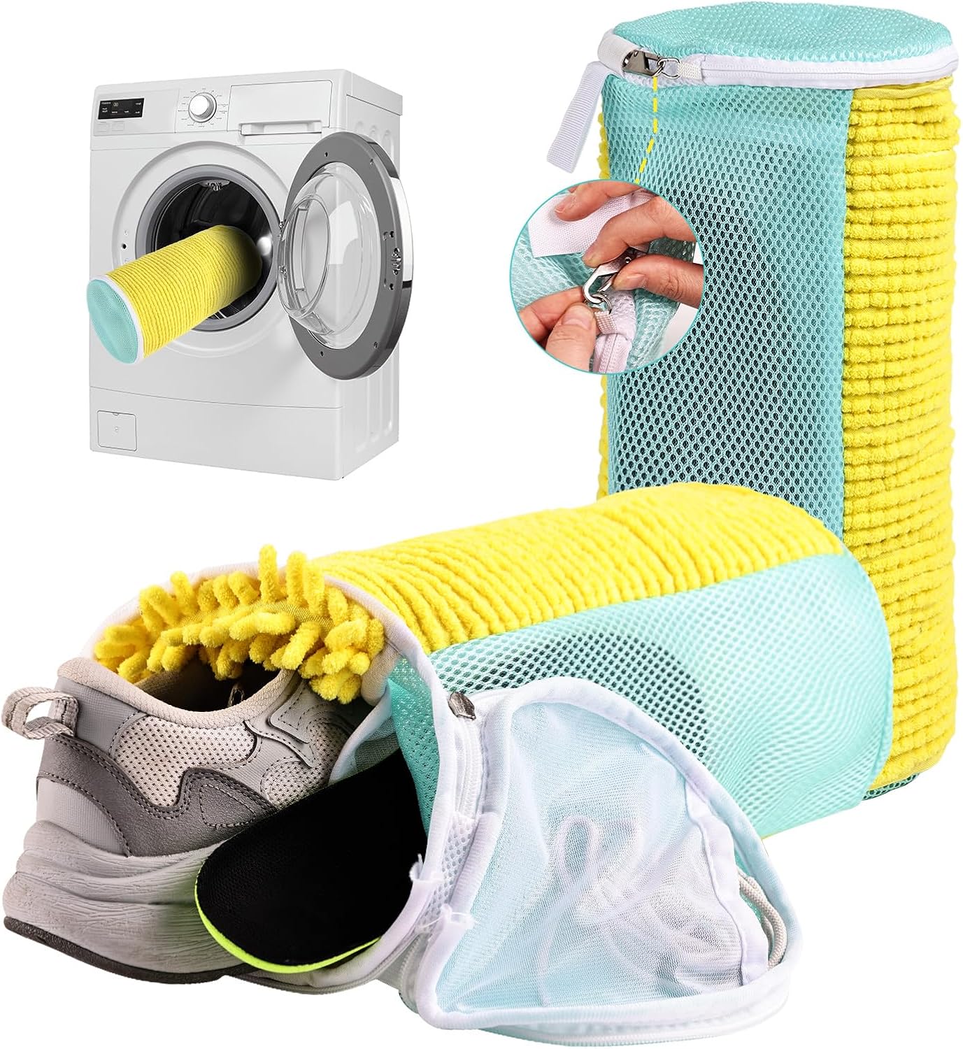 Shoe Washing Machine Bag Reusable Sneaker Washing Bag with Built-in Fluffy Brushes for 360° All-Around Cleaning, Laundry Shoe Bag is Designed for Washer and Dryer （Yellow 2pcs）