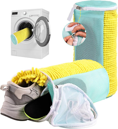 Shoe Washing Machine Bag Reusable Sneaker Washing Bag with Built-in Fluffy Brushes for 360° All-Around Cleaning, Laundry Shoe Bag is Designed for Washer and Dryer （Yellow 2pcs）