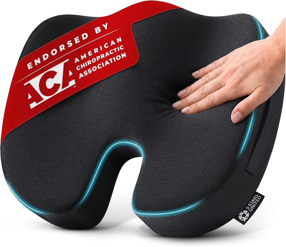 5 STARS UNITED Seat Cushion - Memory Foam Chair Cushion for Tailbone Pain Relief - Ergonomic Support for Coccyx, Sciatica & Butt - Office, Desk & Gaming Chair, Car Seat, Wheelchair, Airplane, Black