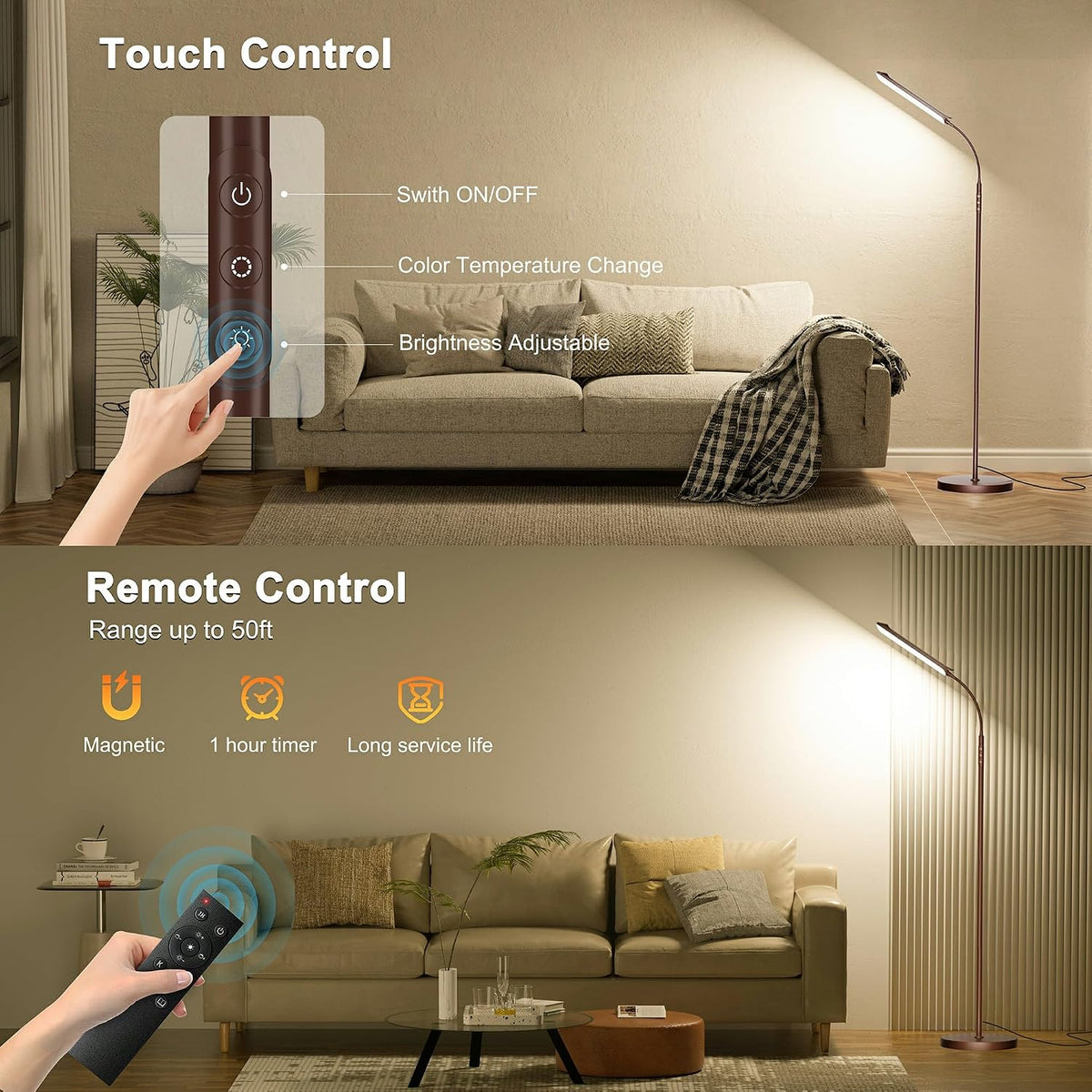 Yikuneng Dimmable LED Floor Lamp, Super Bright Reading Lamps Floor Standing lamp with Remote & Touch Control, Stepless Dimming & 2700K-6500K Color Temperature, for Living Room Bedroom Office, Black