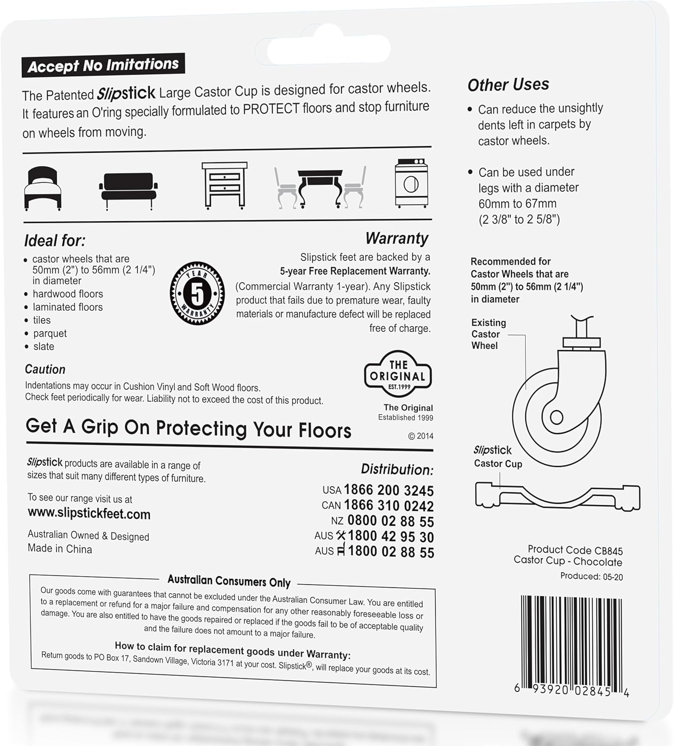Slipstick CB845 3-1/4 Inch Bed Roller / Furniture Wheel Gripper Caster Cups (Set of 4) Chocolate Brown Color,Large