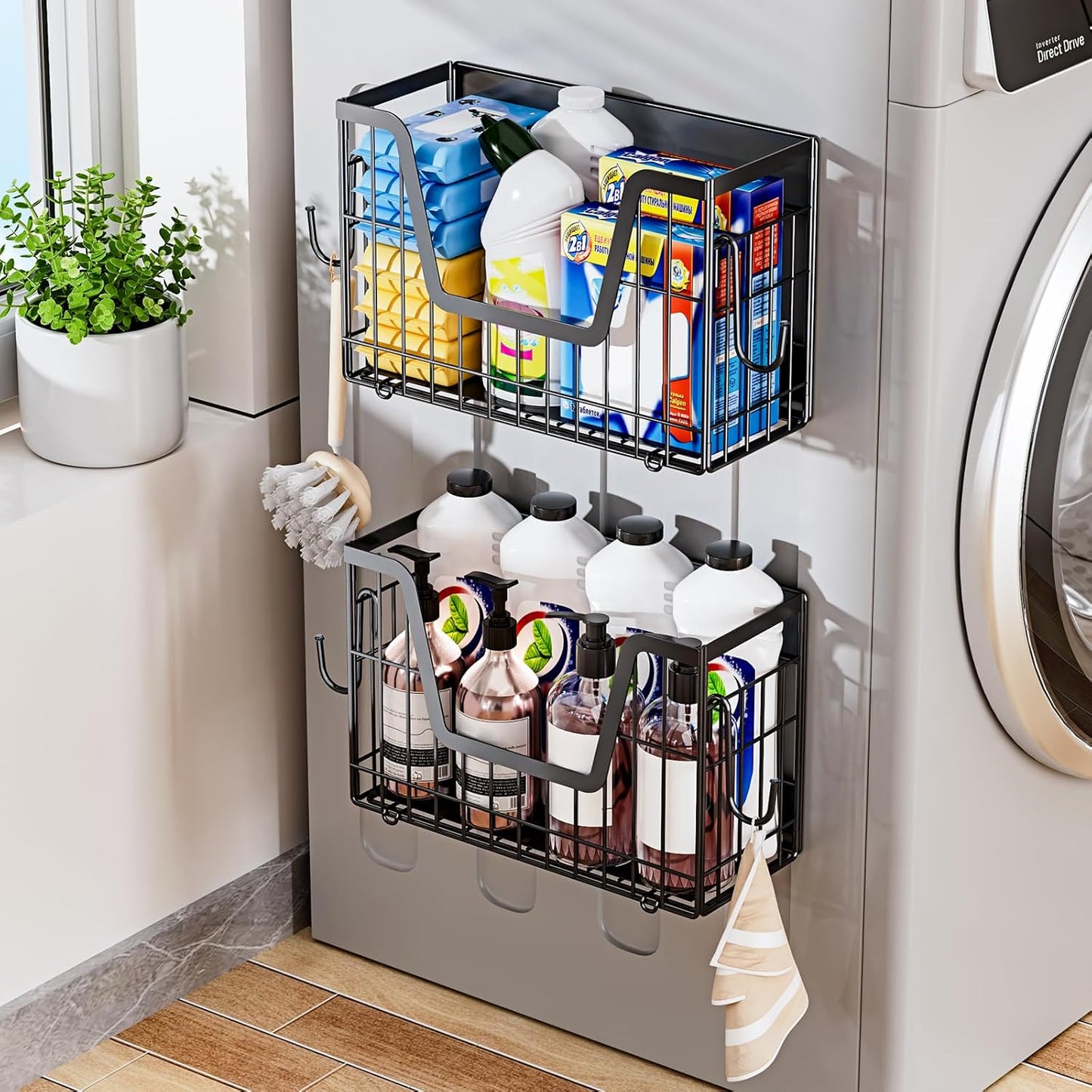 Magnetic Shelf for Fridge, Fruit Basket Magnet Shelves with 2 Hooks | Potato and Onion Storage Bins, Black Magnetic Organizer Side of Fridge Storage, Magnetic Spice Rack for Refrigerator Kitchen