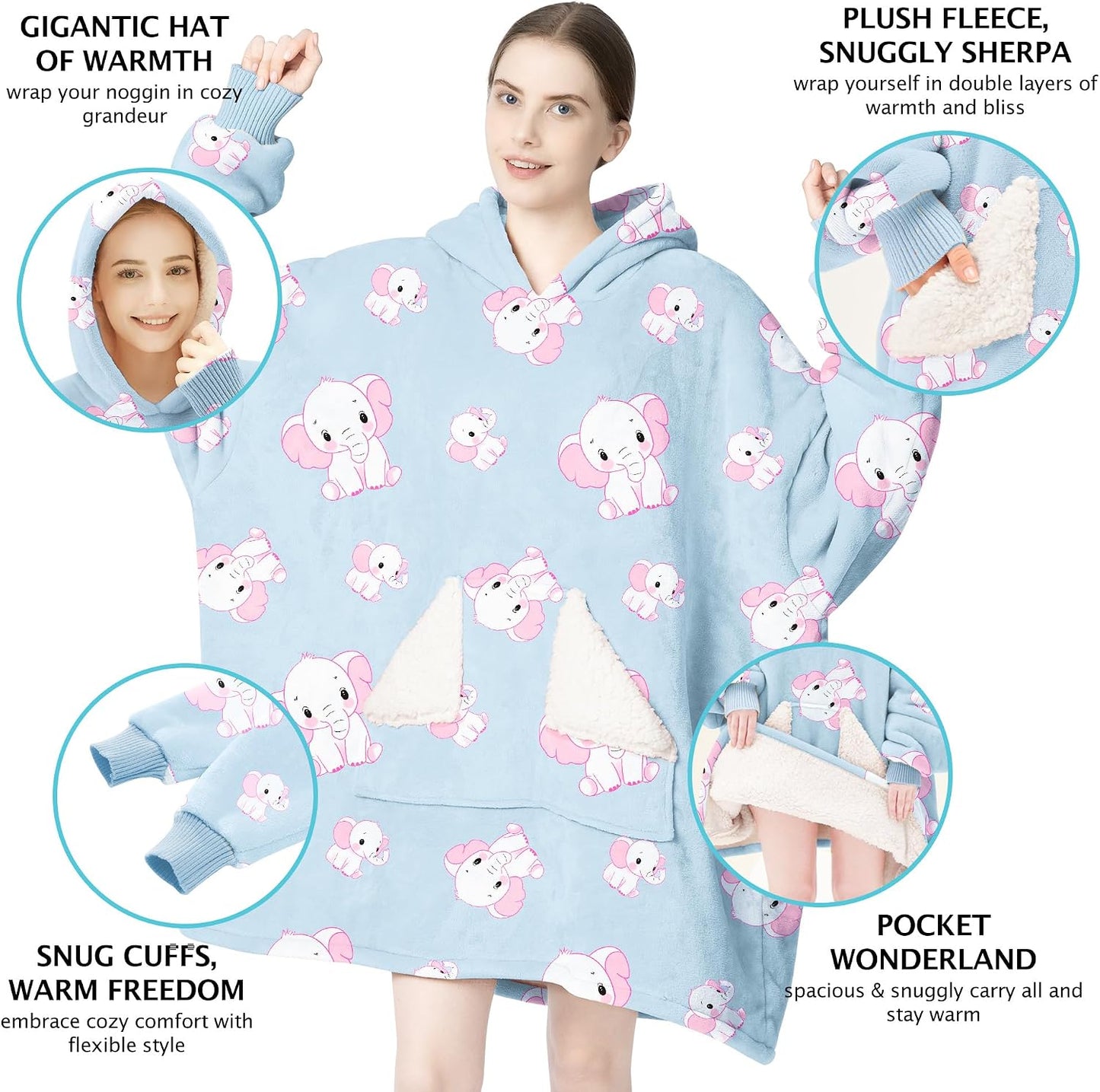 Wearable Blanket Hoodie, Oversized Sherpa Fleece Sweatshirt Blanket with Giant Hood Pocket and Sleeves for Adult, Warm & Cozy Grey Blanket Gifts for Women