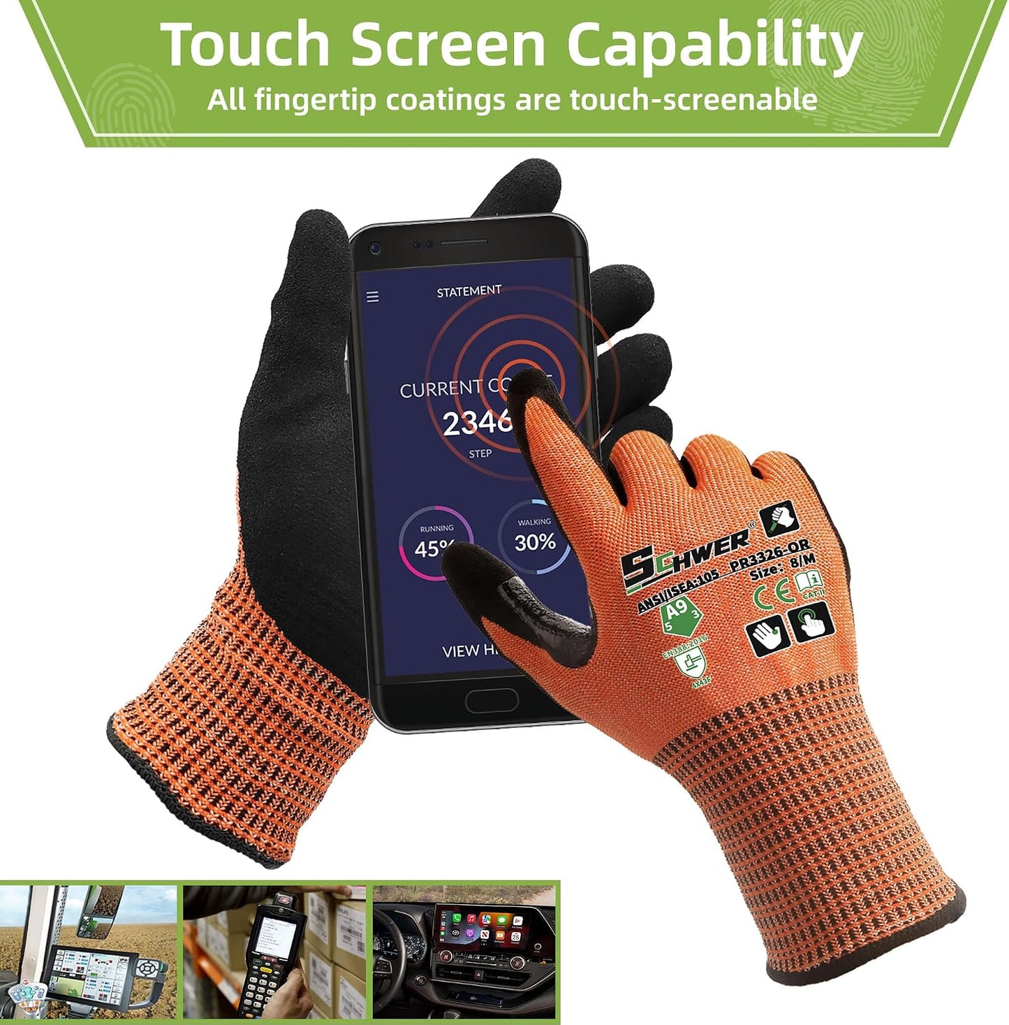 Schwer ProGuard High Level Cut Resistant Work Gloves for Extreme Protection, ANSI A9 Cut Gloves with Reinforced Thumb, Non Slip, Breathable, Durable, Touch-screen, Black 1 Pair（L 3326