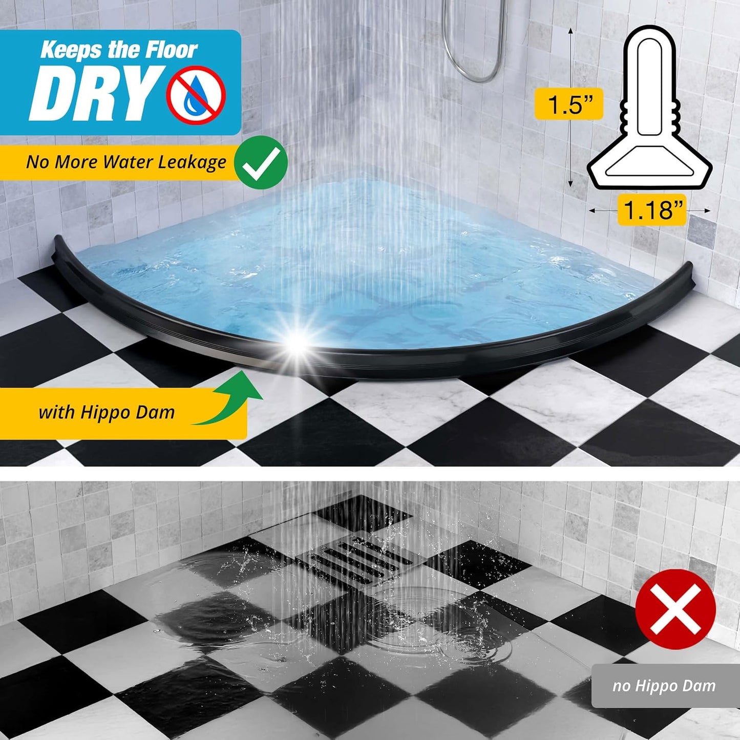 67" White Shower Threshold Water Dam Barrier, 1.5" Tall Water Stopper Strip | Flexible 1.5-inch-tall door seal helps contain splashes, block leaks and keep bathroom floors dry around walk-in showers