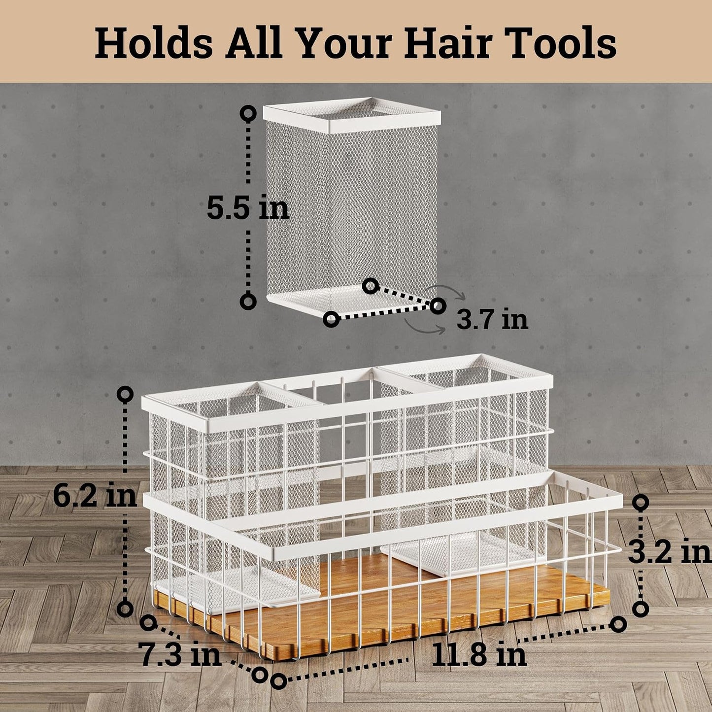 Hair Tool Organizer Countertop, Breathable Metal & Bamboo, Heat-Resistant | No Assembly Required, Removable Baskets, Heat-Resistant Iron, Bamboo Base, Spacious & Breathable Hot Tools Organizer Vanity