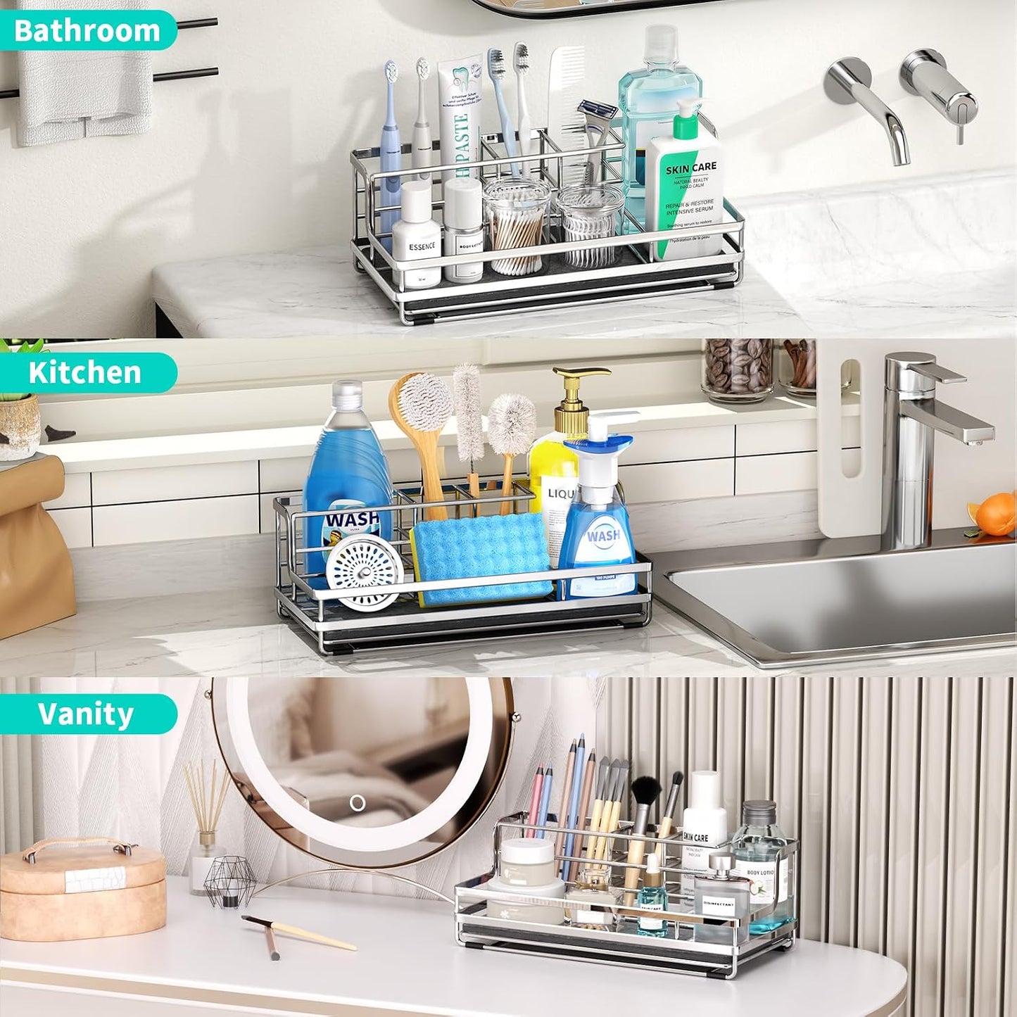 HapiRm Toothbrush Holders for Bathroom - 5 Partitions Bathroom Counter Organizer with Instant Drying Stone, Stainless Steel Countertop Storage Electric Toothbrush Toothpaste Holder - Black