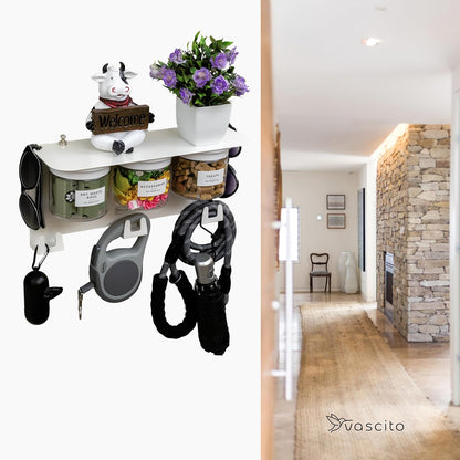 Dog Leash Holder for Wall with Shelf — Wall Mounted Dog Treat Holder & Station, 2 Airtight 32oz Treat Containers, 9 Hooks, Patented Lidless Slide-to-Seal Jars, Solid Steel, Made in USA