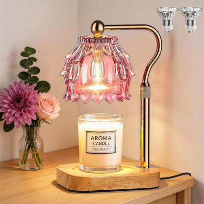 Candle Warmer Lamp with Timer Dimmer, Modern Wax Warmer for Scented Wax Jar Candle Warmer with 2 Bulbs, Adjustable Height Glass Lamp for Gifts for Women, Home Decor, Gold Amber