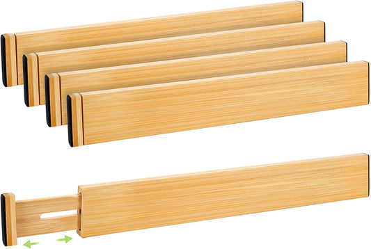 Fyvva Drawer Organizer, Spring-Loaded Expandable Bamboo Dividers 8-Pack | Large Kitchen Drawer Organizer, Adjustable 16.9 to 22.2 in, 2.3in High Non Slip for Kitchen Clothes Bathroom Office Natural