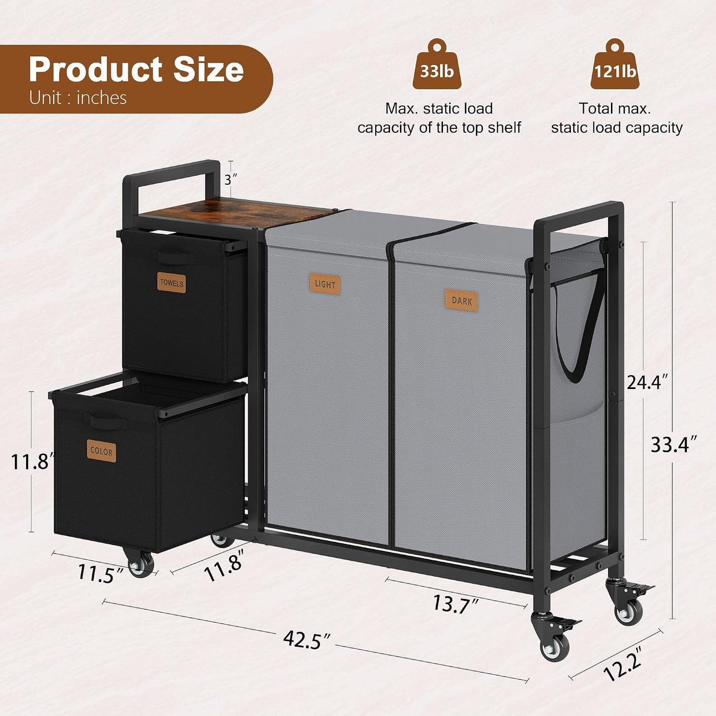 Hoctieon 4 Section Laundry Cart, 52.8 Gal. (200L) Laundry Hamper with Lid, Laundry Basket with Wheels, Rolling Laundry Sorter Organizer with Shelf, Clothes Separator with Removable Bags, Black