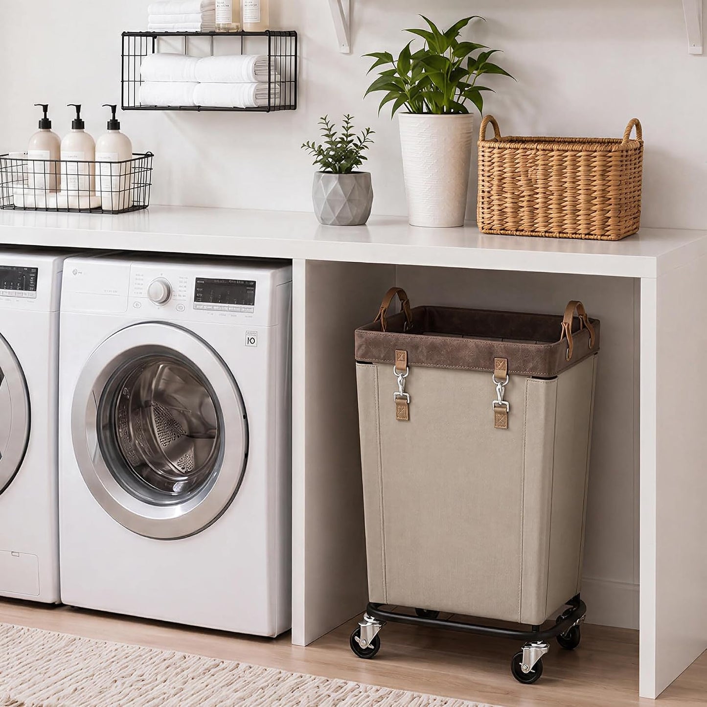 StorageWorks 160L Laundry Basket with Wheels, Rolling Hampers for Clothing | Beige Laundry Basket with Wheels, Metal Frame & Handles, Rolling Hamper for Bedroom, Bathroom, Dorm, Hotel