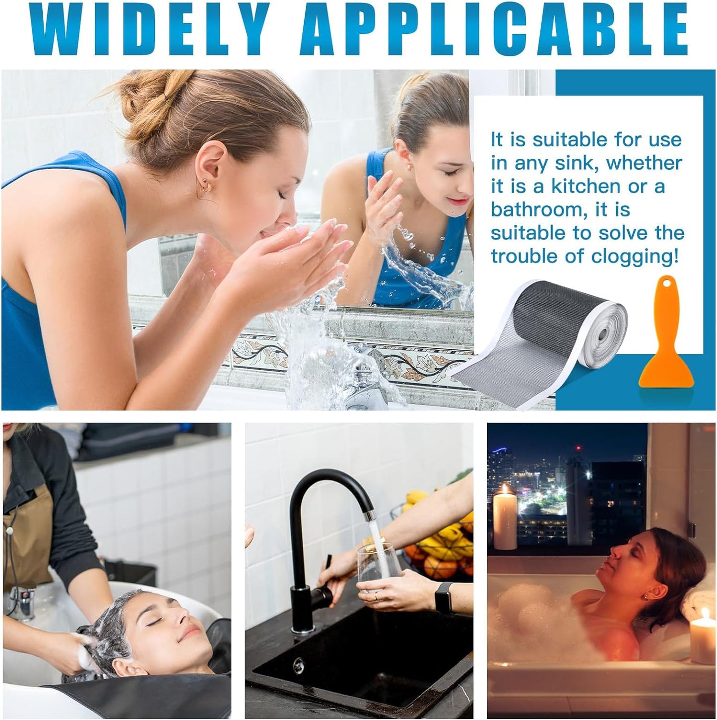 1 Pack Linear Shower Drain Hair Catcher Mesh Stickers Cutable | 4x33ft Disposable Adhesive Mesh Cover for Bathroom Kitchen Bathtub Floor Drains, DIY Install, Includes 2 Removal Tools