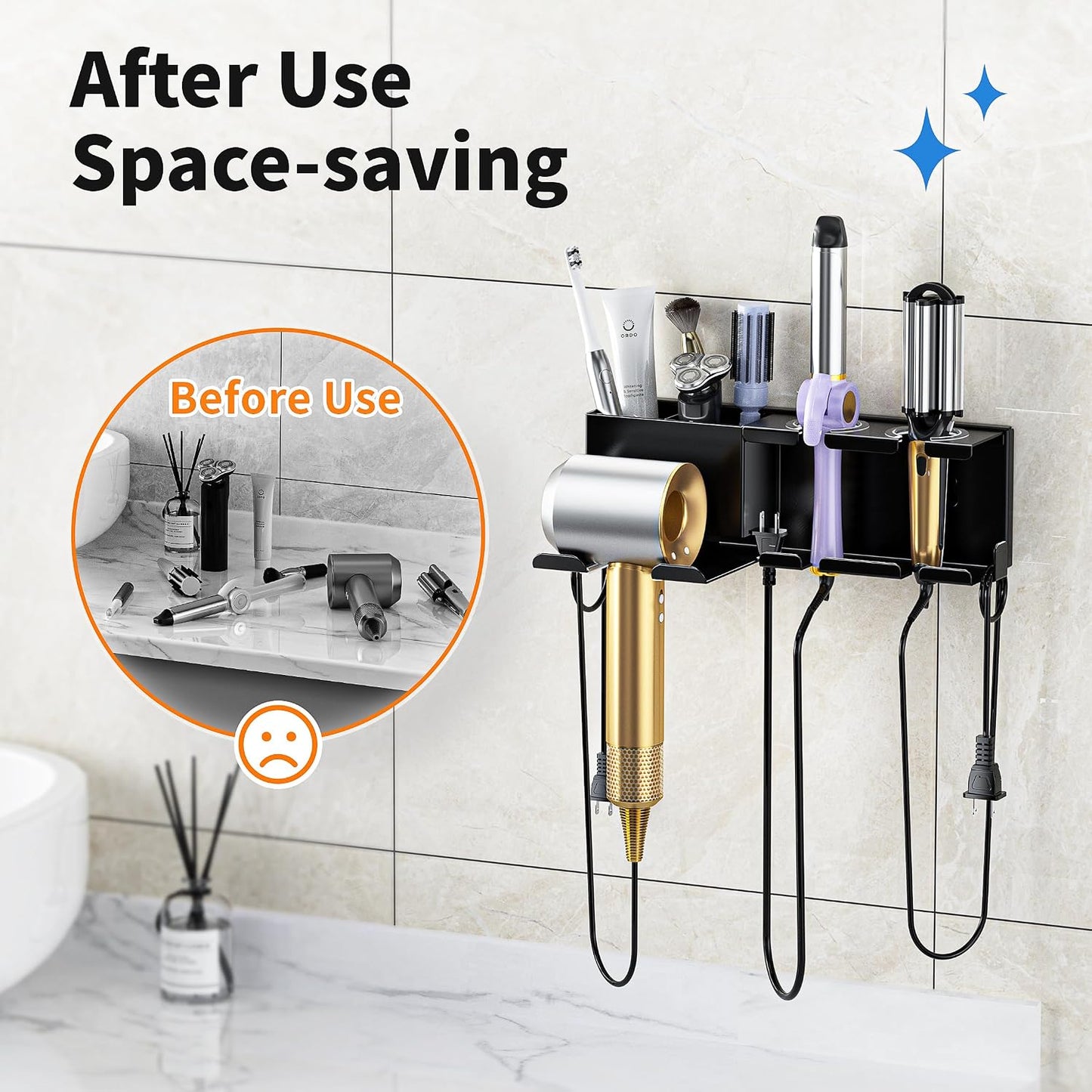 Hair Dryer Holder, Hair Tool Organizer Wall Mount, Adhesive or Drill, White | Blow Dryer Holder for Dryer Hook, Straightener Curling Irons Hairdryer Hair Appliance Hanger for Salon Bathroom Wall Storage