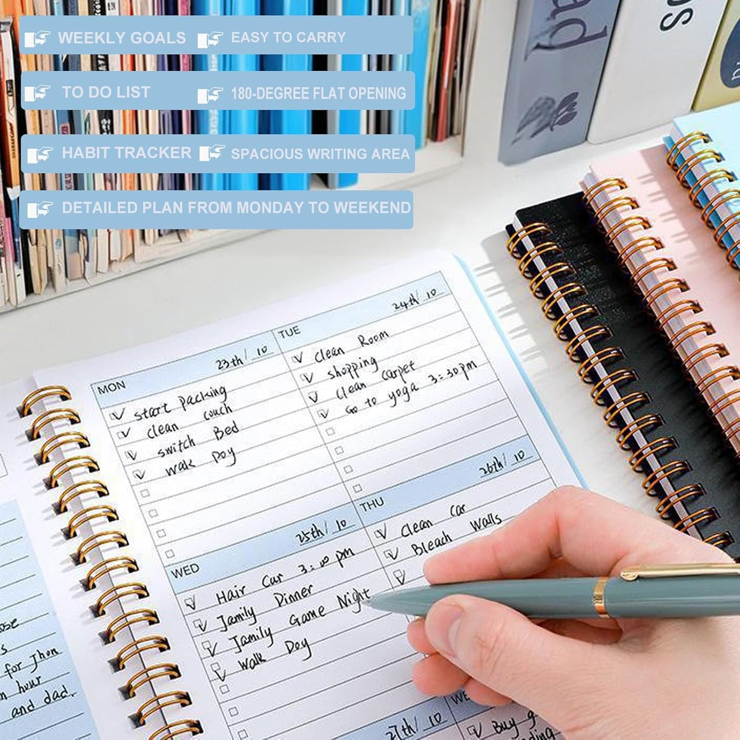Undated Weekly Planner, A5 Personal Goals Journal Non Dated Weekly Planner to Do List Notebook with Goal Habit Tracker Organizer, Cute Undated Week Planners with Spiral Binding for Kids School Work