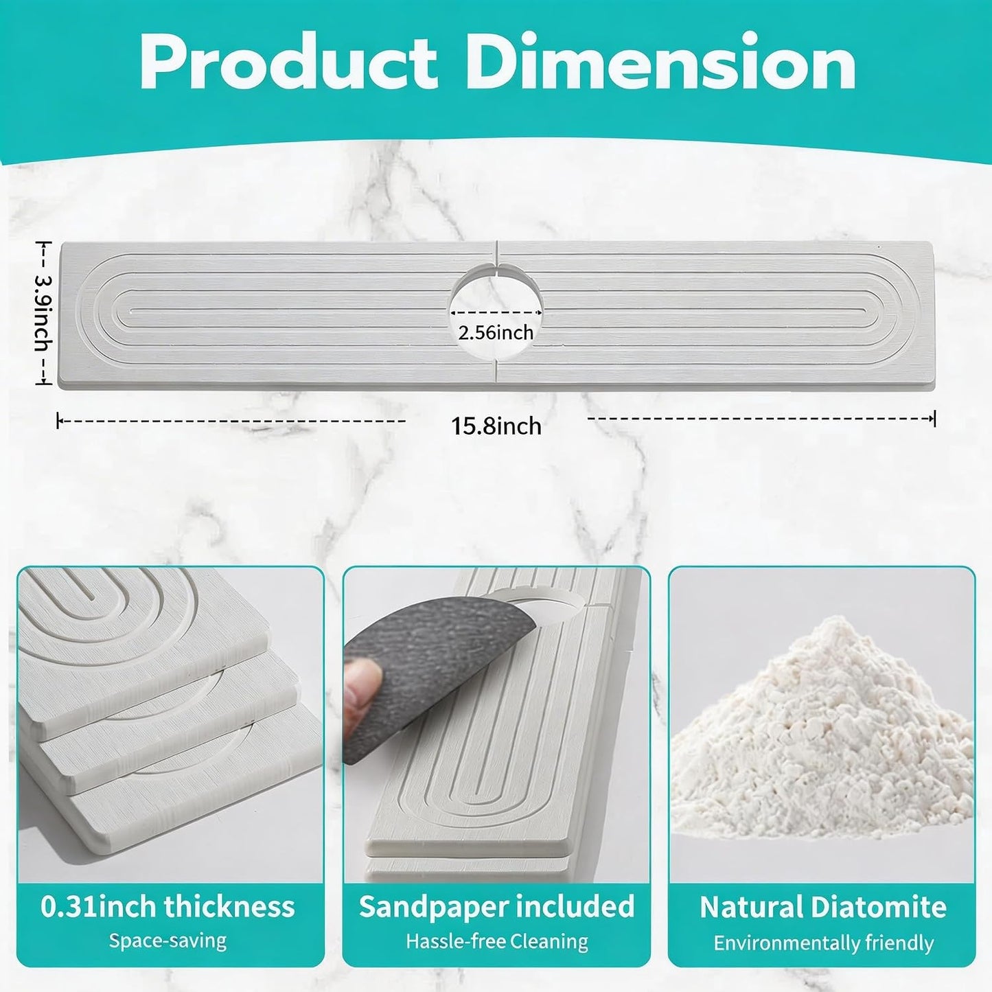 Absorbent Stone Faucet Mat for Kitchen Sink - 15.8" x 4" Diatomite Stone Sink Tray, Quick Dry Bathroom Sink Splash Guard Behind Faucet, Water Catcher Counter Protector (White)