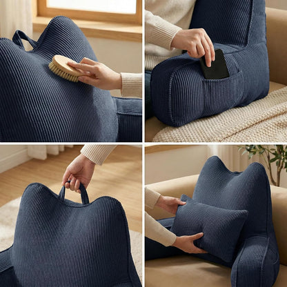 Patented Design Reading Pillow with Arms for Sitting Up, 2-in-1 Bed Rest Pillow with Detachable Lumbar Support, Backrest Support Cushion for Couch with Side Pockets & Handle, Beige Gray