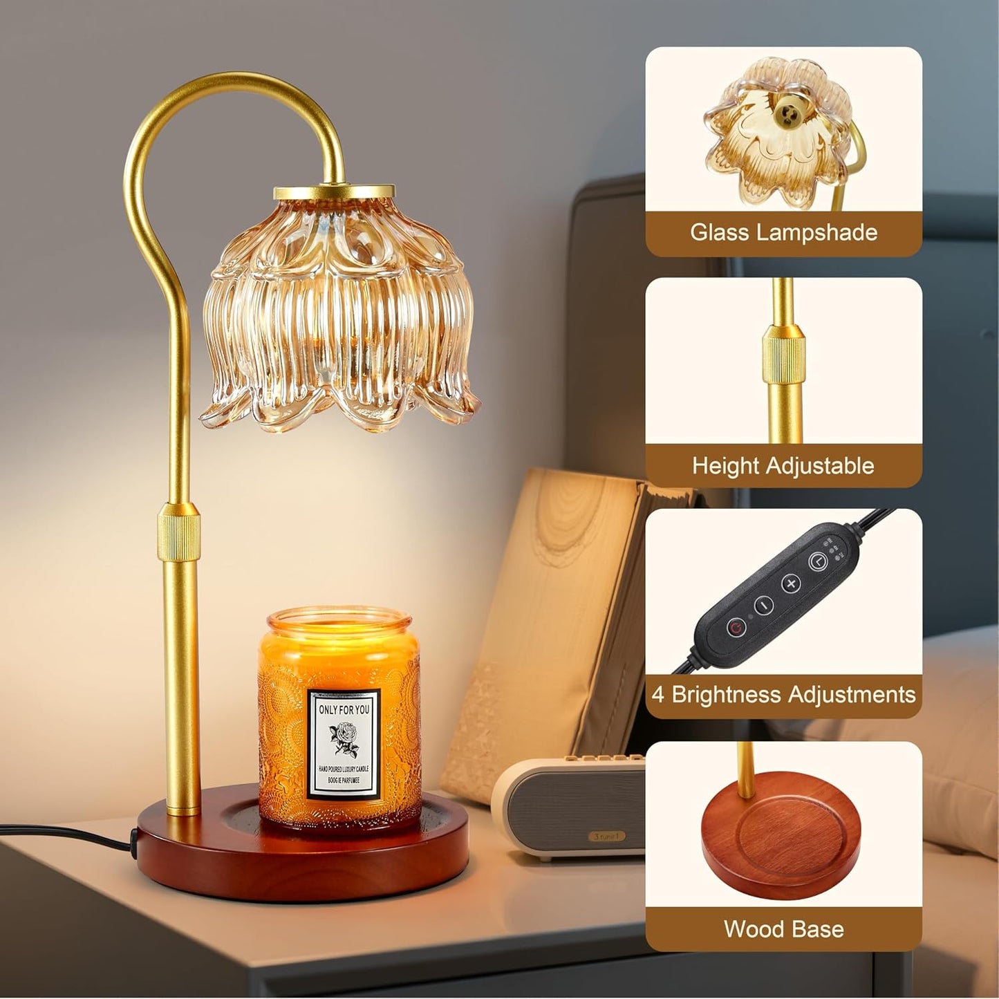 Dreamholder Electric Candle Warmer Lamp with Timer & Dimmer, Adjustable Height Wax Melt Warmer for Jar Candles, Wood Base Candle Melter, Floral Home Decor Gifts for Women, Mom, Natural Wood